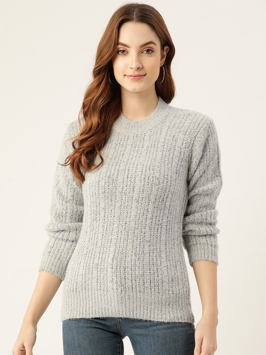 

BROOWL Women Grey Self-Striped Pullover