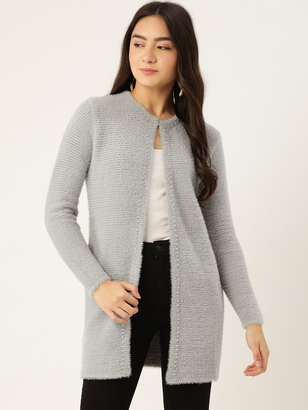

BROOWL Women Grey Self Design Embellished Longline Winter Shrug