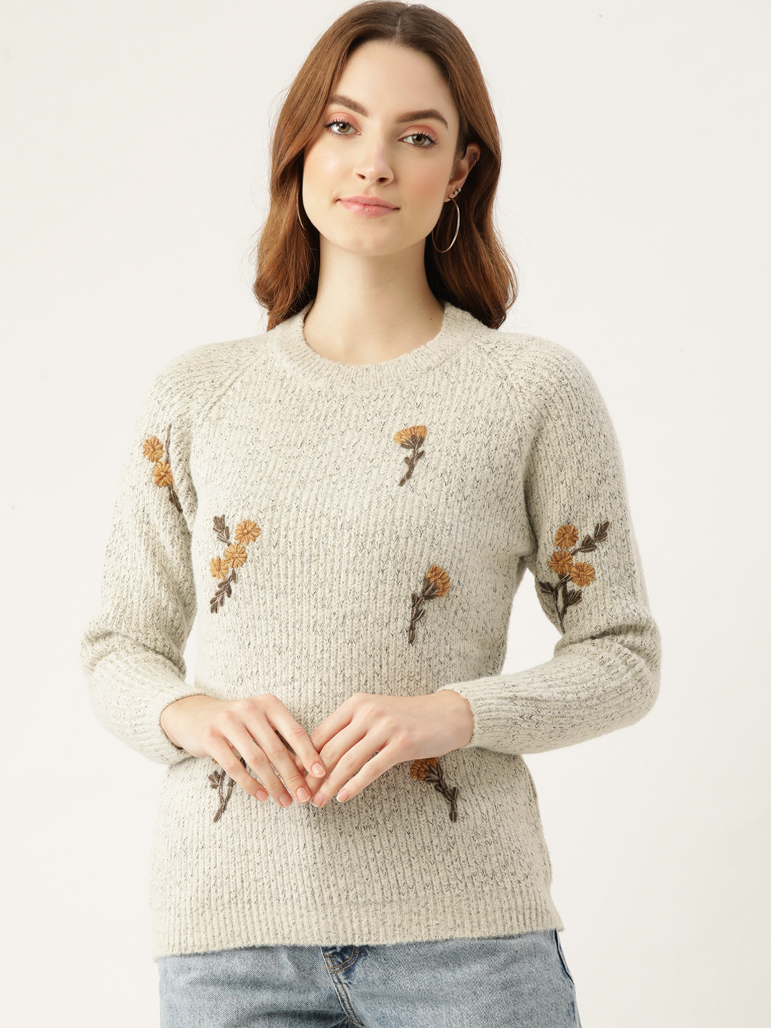 

BROOWL Women Off-White & Mustard Yellow Floral Embroidered Pullover
