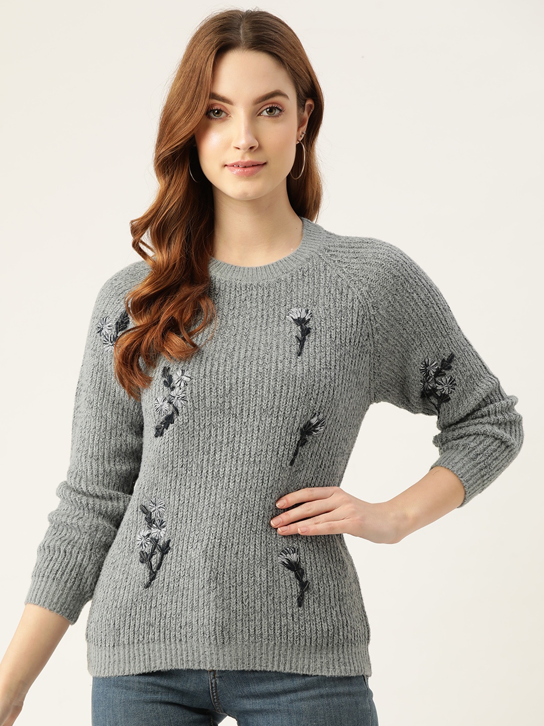 

BROOWL Women Grey & Black Floral Embroidered Pullover