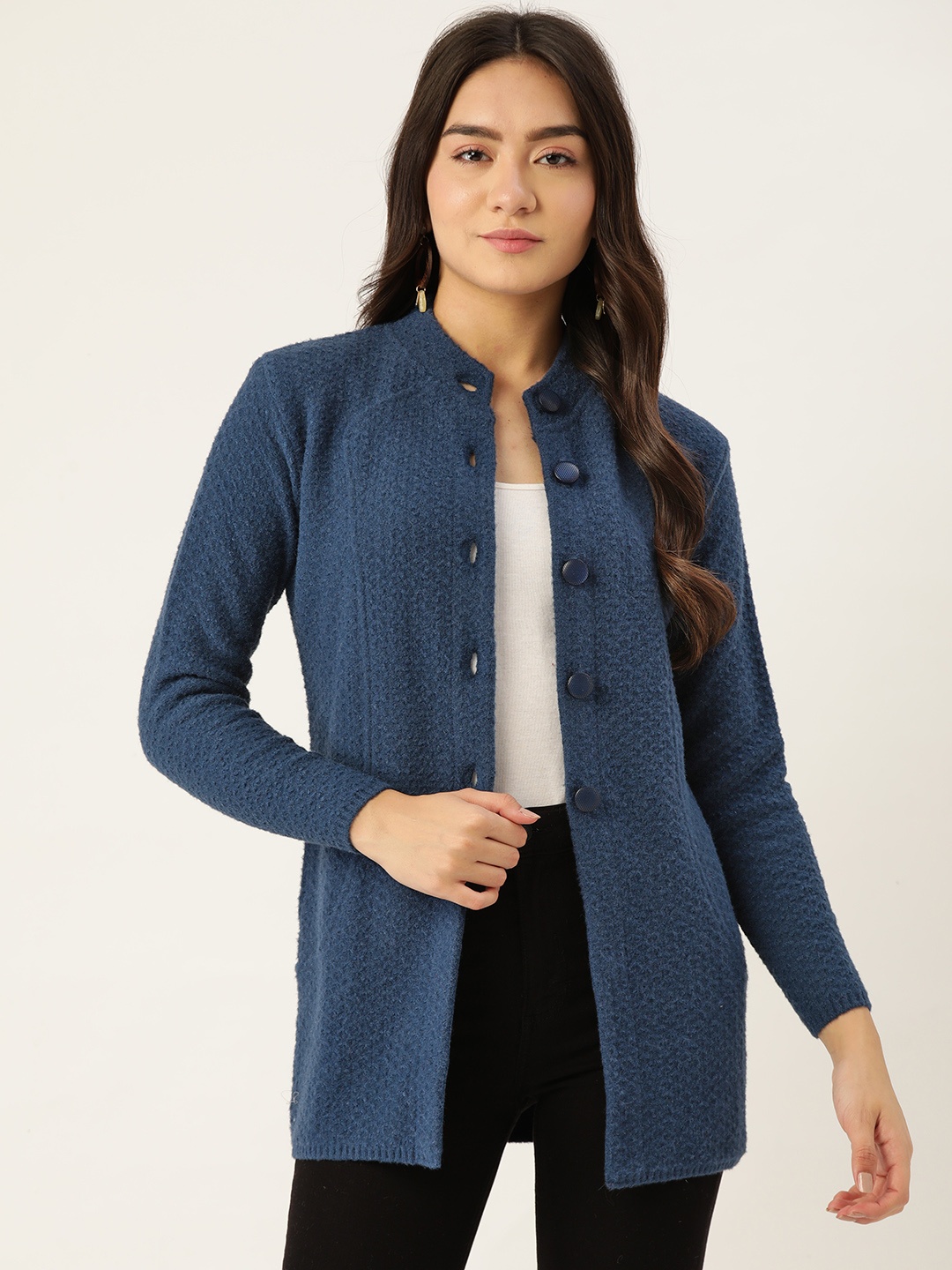 

BROOWL Women Navy Blue Longline Cardigan