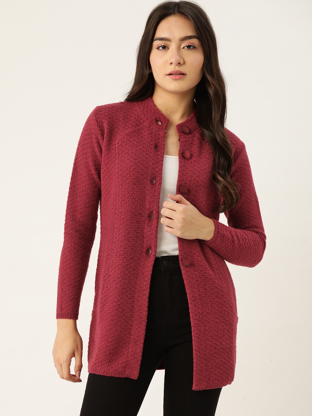 

BROOWL Women Maroon Longline Cardigan