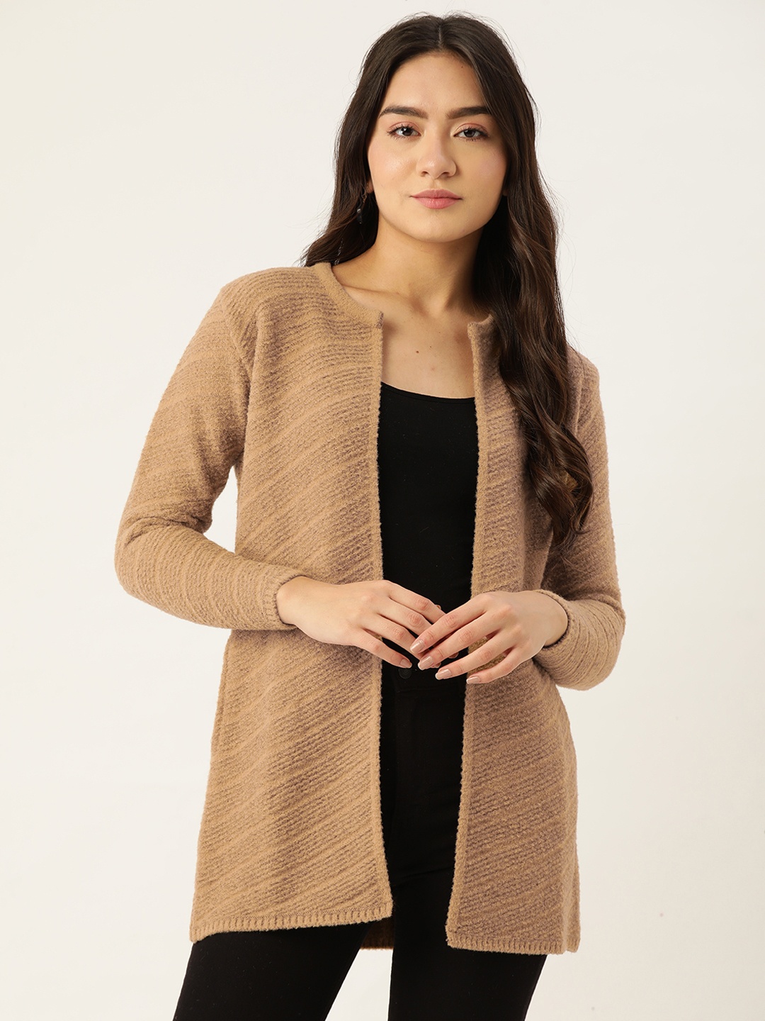 

BROOWL Women Beige Striped Longline Winter Shrug