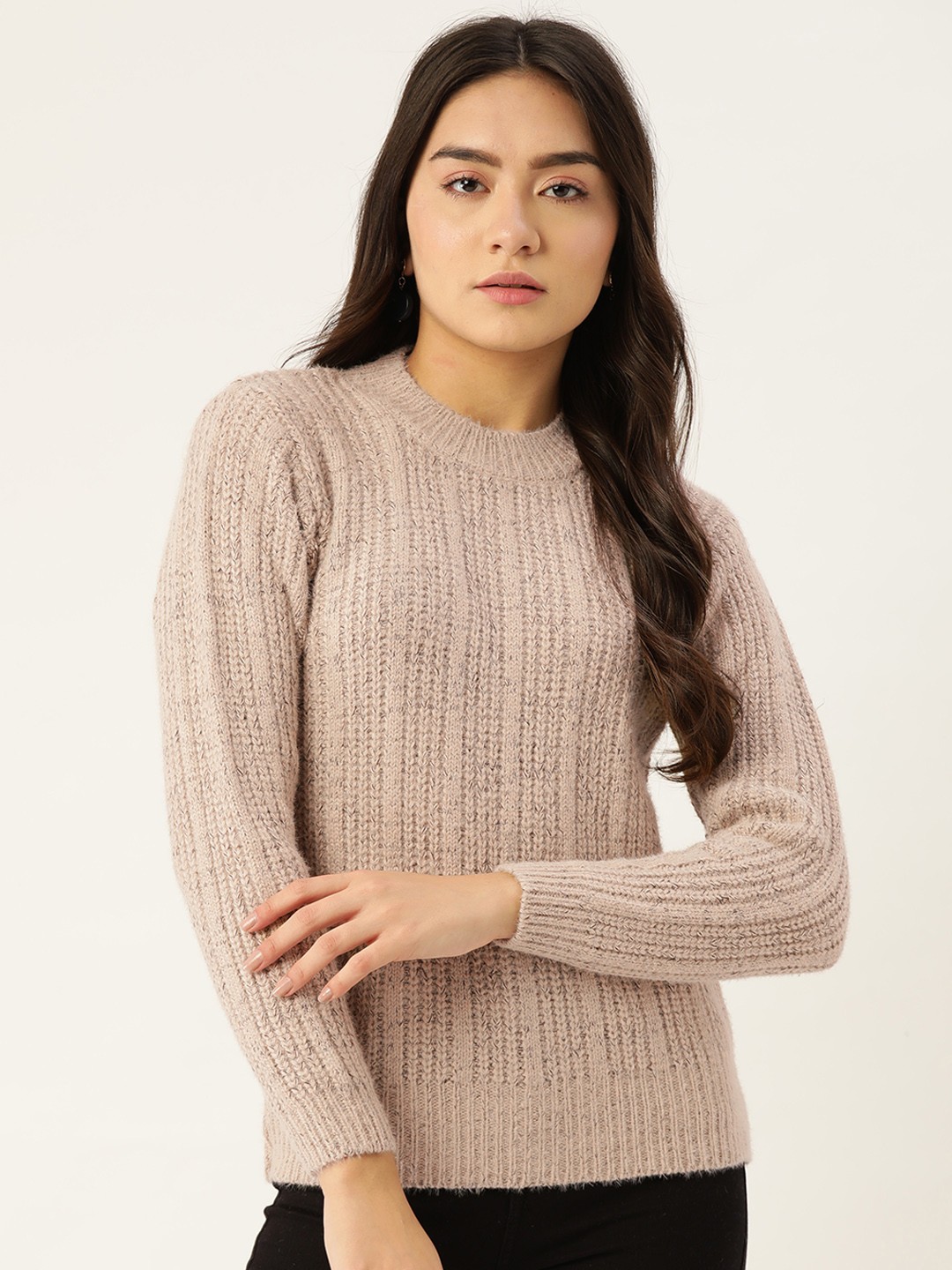 

BROOWL Women Cream-Coloured Self-Striped Pullover