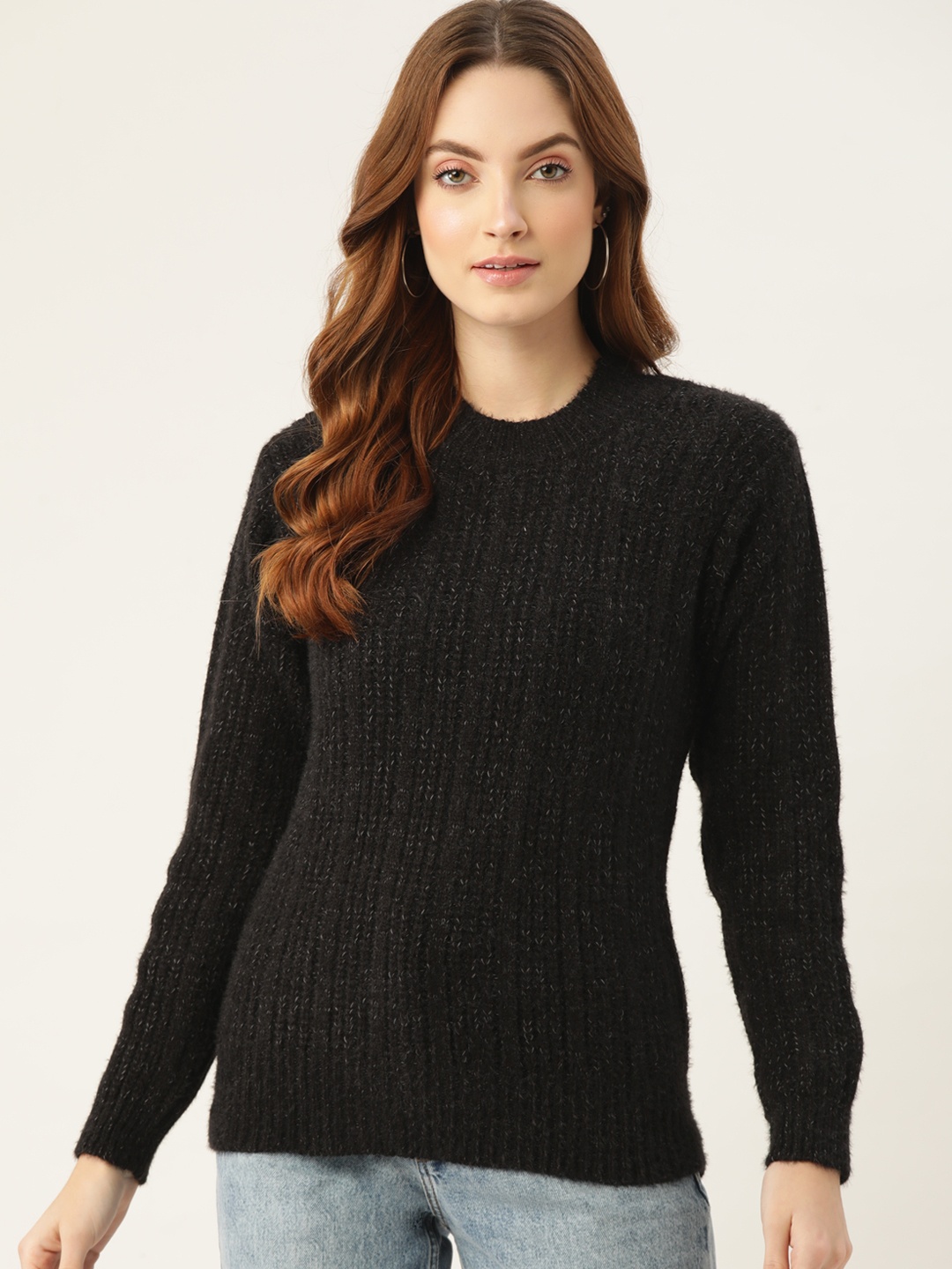 

BROOWL Women Black Self Design Pullover