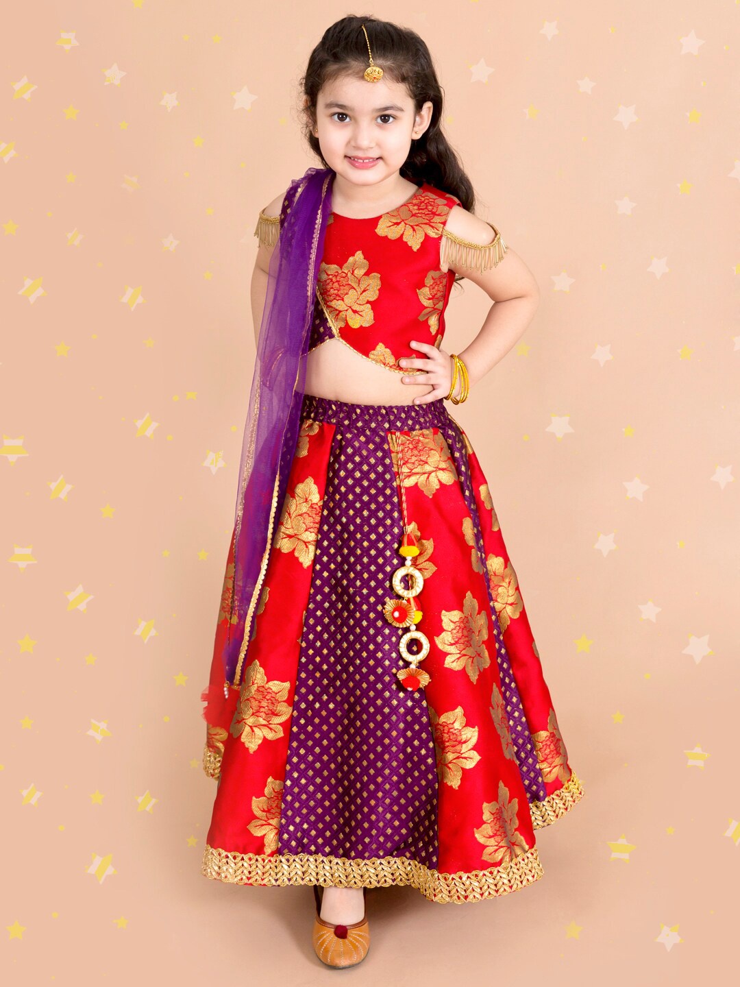 

pspeaches Girls Red & Purple Woven Designed Lehenga Choli & Dupatta