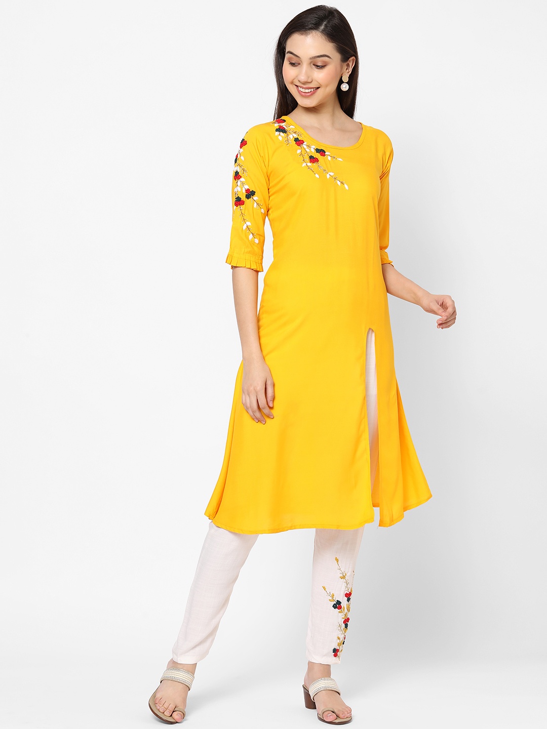 

RedRound Women Yellow Thread Work Kurta with Trousers