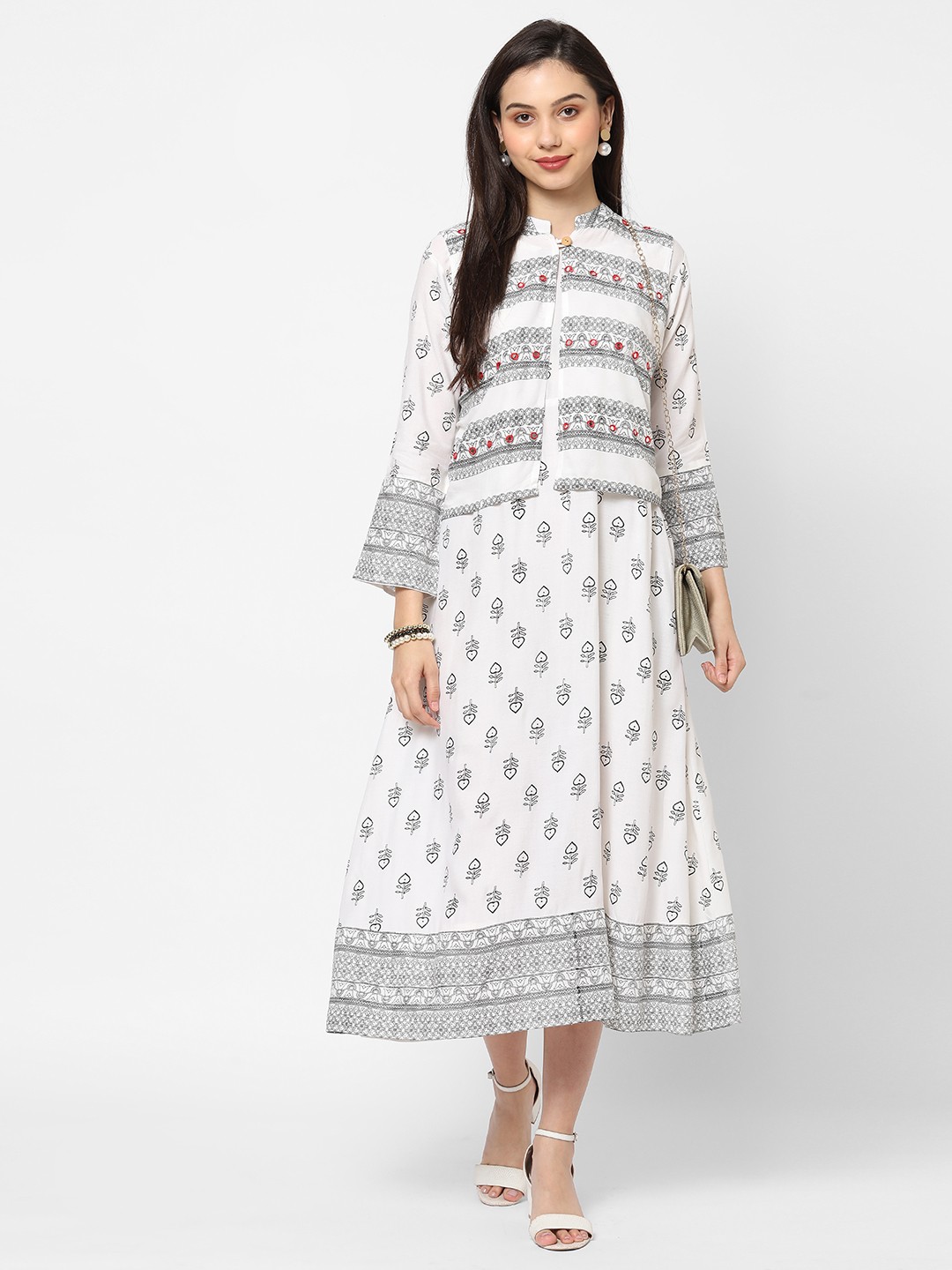 

RedRound White & Grey Ethnic Motifs Ethnic A-Line Midi Dress with Jacket