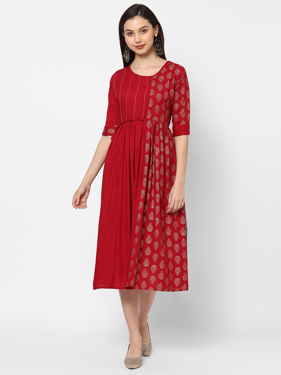 

RedRound Red Ethnic Motifs Ethnic Midi Dress