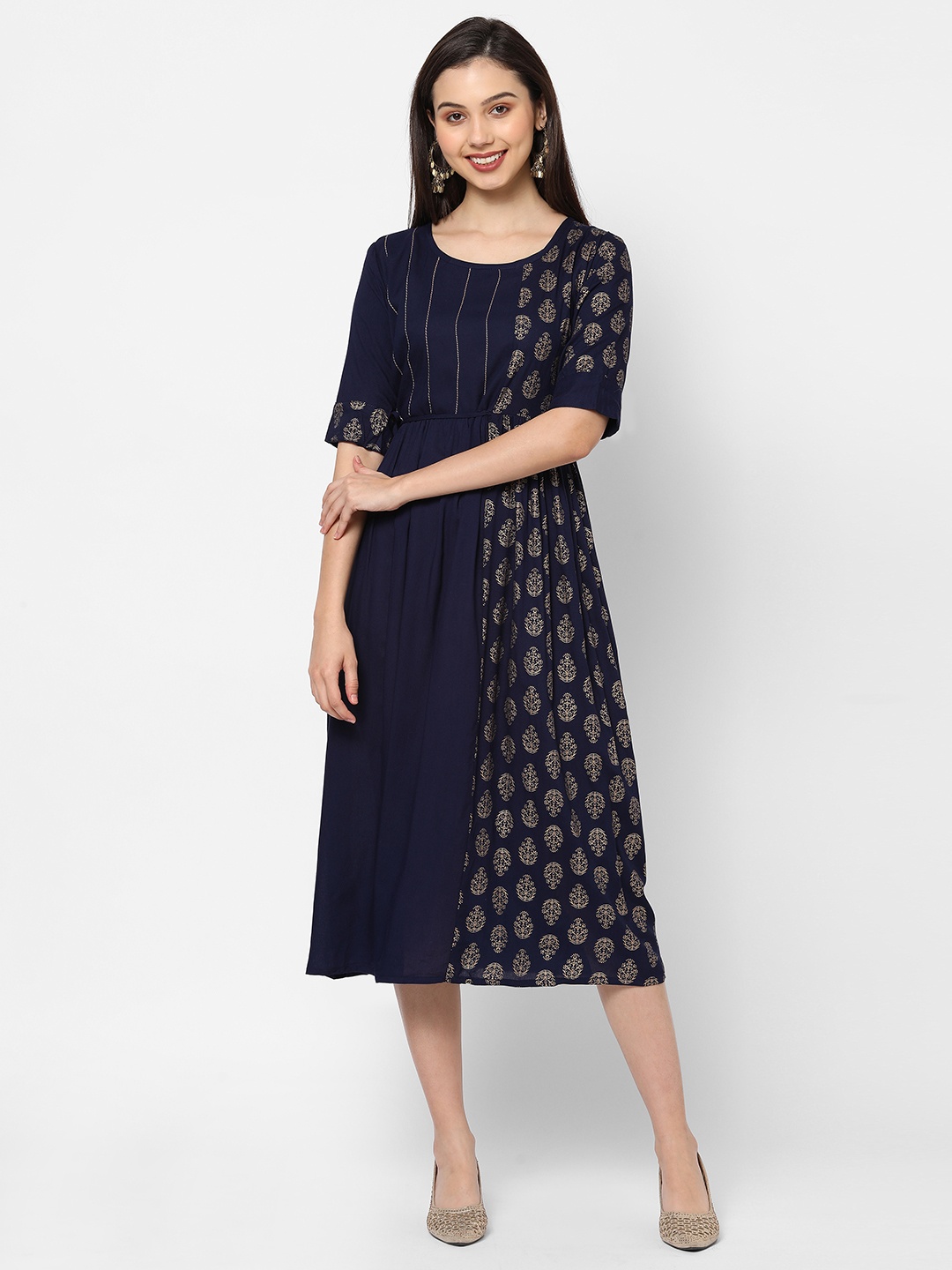 

RedRound Navy Blue Ethnic Motifs Ethnic Midi Dress