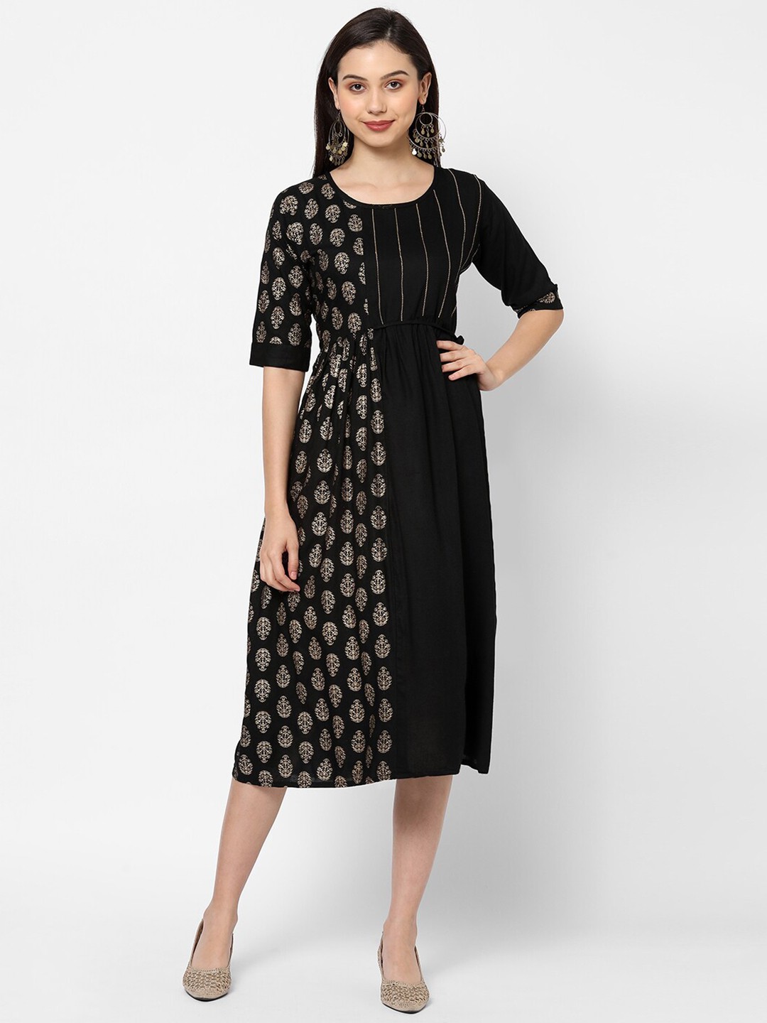 

RedRound Black & Gold-Toned Ethnic Motifs Ethnic Midi Dress