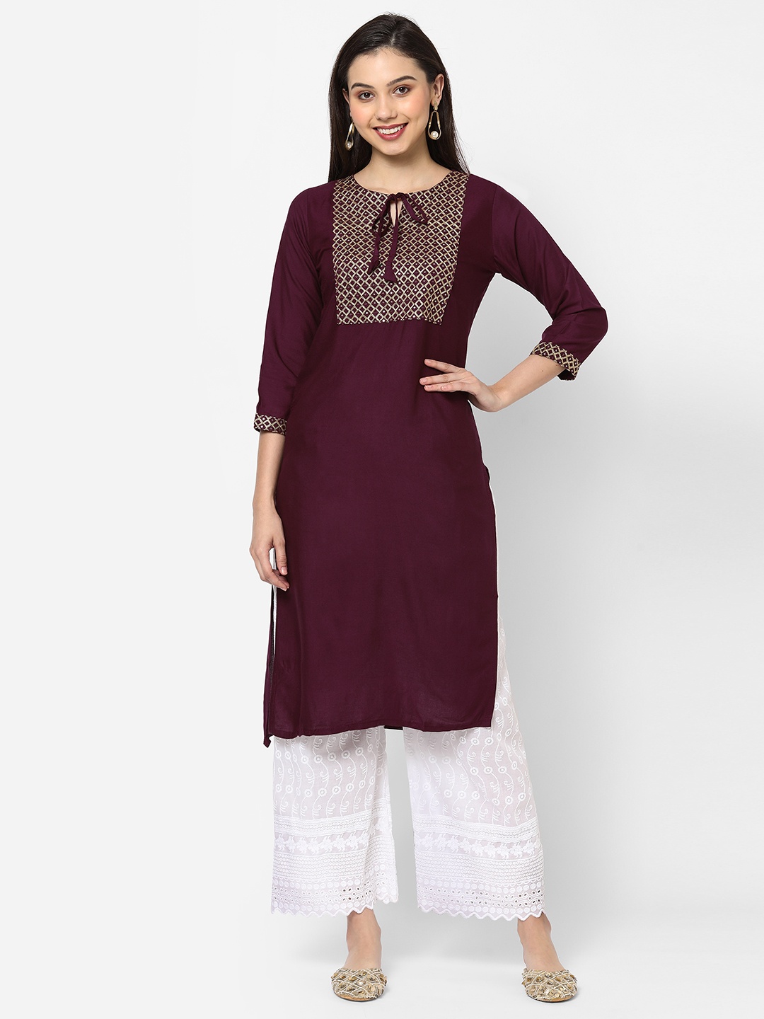 

RedRound Women Burgundy Ethnic Motifs Yoke Design Thread Work Kurta