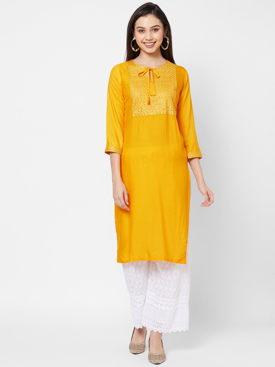 

RedRound Women Yellow & Gold-Toned Geometric Yoke Design Thread Work Kurta