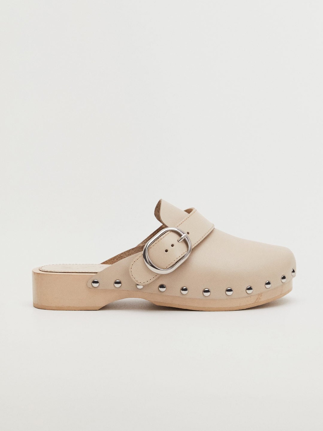 

MANGO Women Off-White Solid Leather Platform Heeled Mules with Buckle Detail