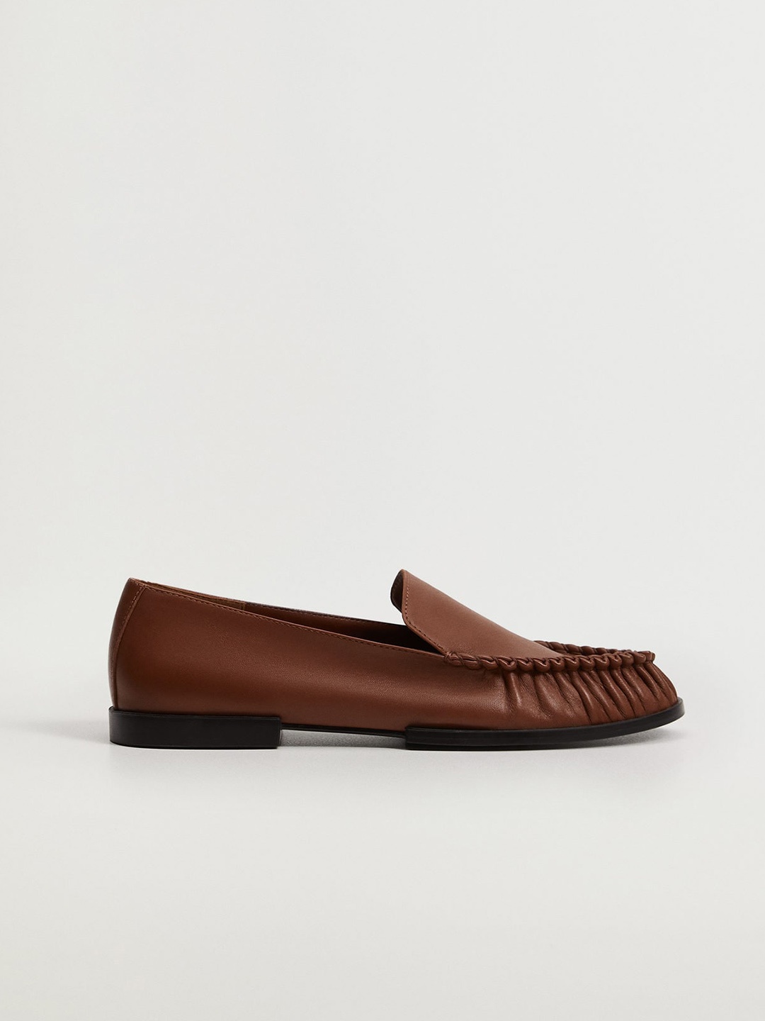 

MANGO Women Brown Leather Solid Ruched Loafers