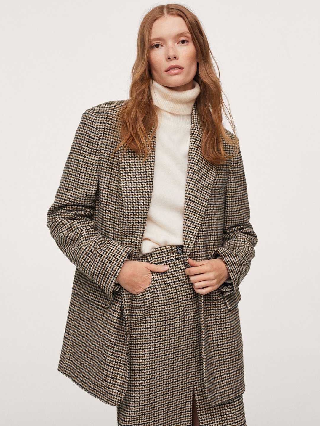 

MANGO Women Beige & Black Regular Fit Houndstooth Pattern Longline Casual Blazer