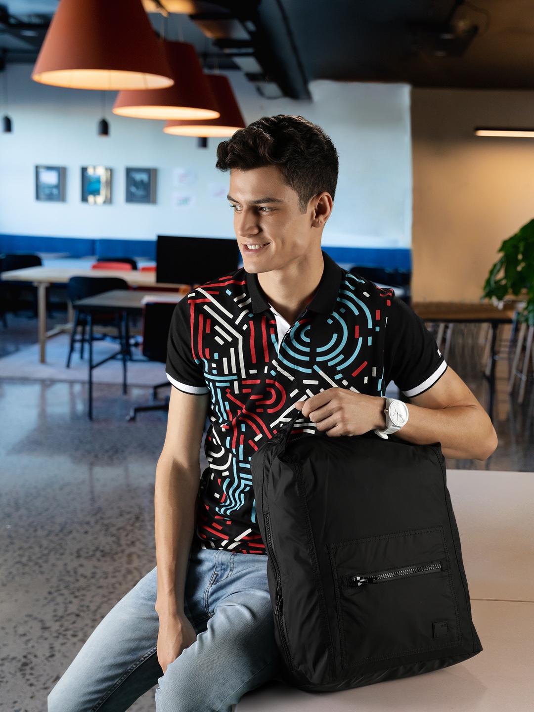 

MANGO MAN Men Black Solid Backpack