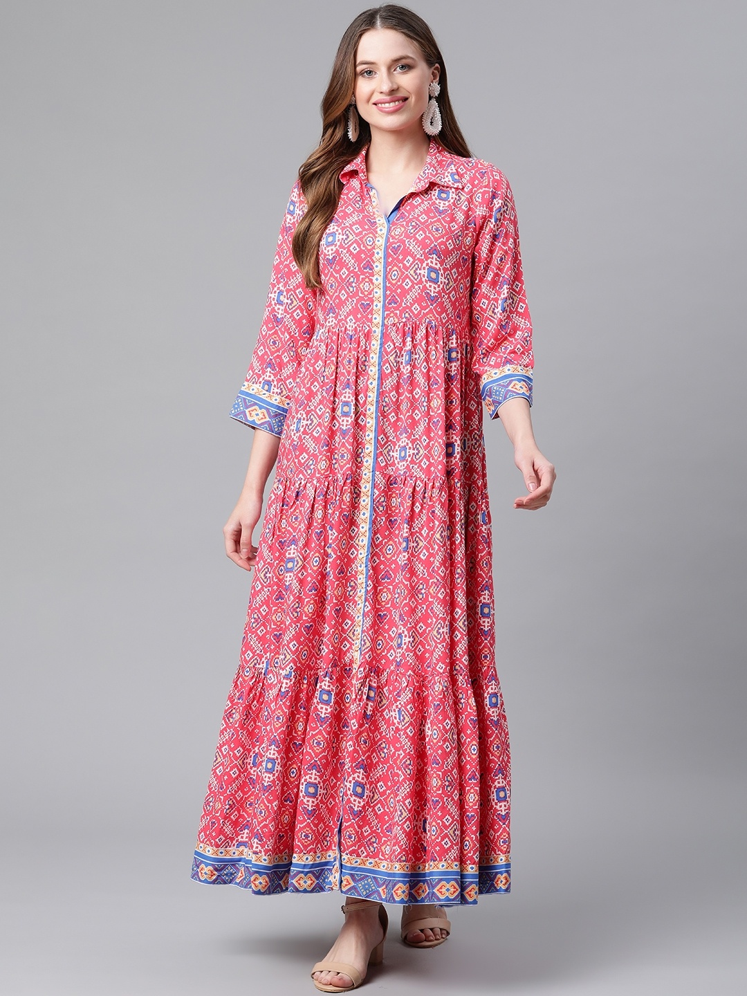 

Rangriti Women Red Printed A-Line Maxi Dress