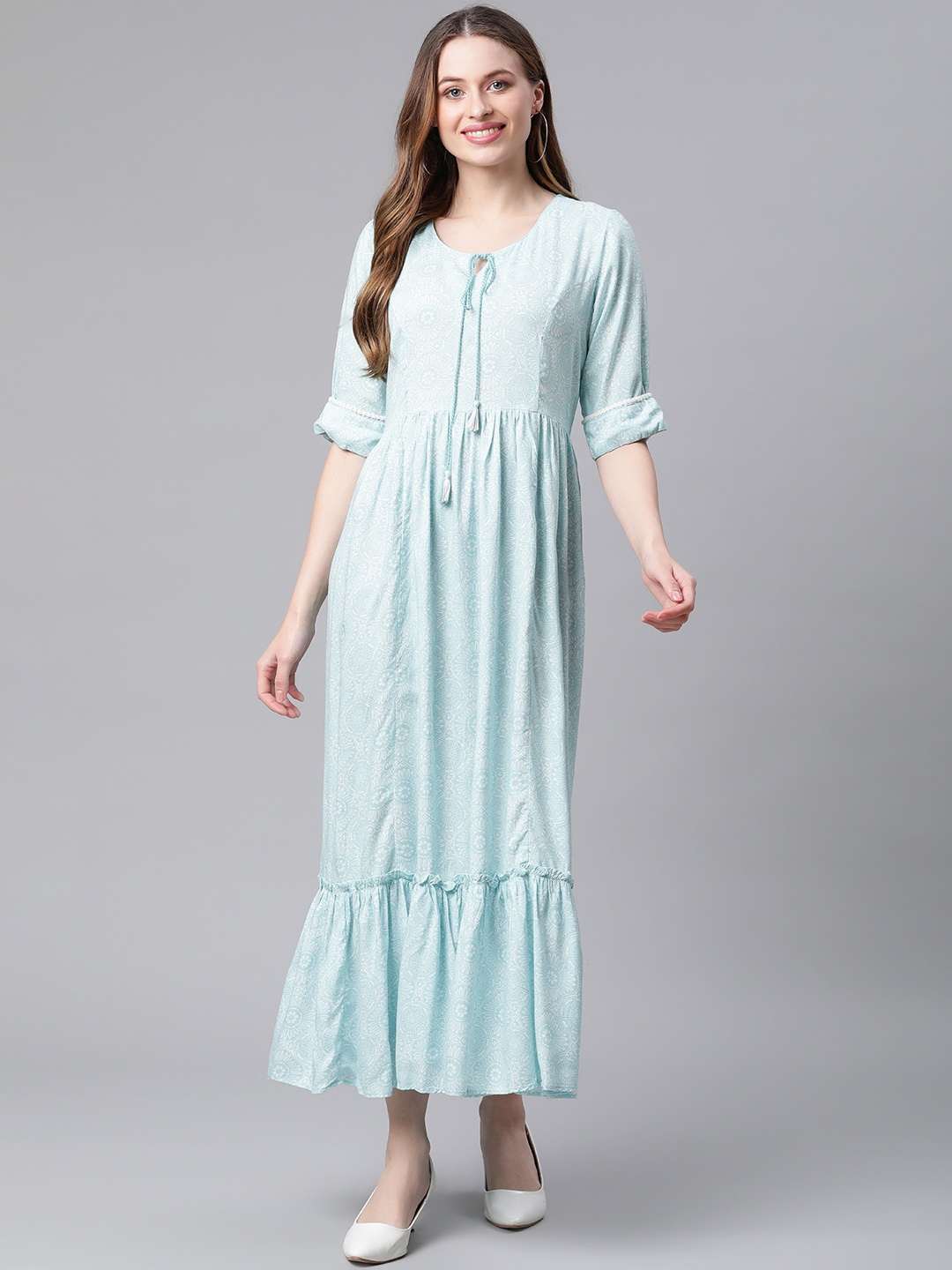 

Rangriti Women Blue Floral Tie-Up Neck Ethnic Maxi Dress