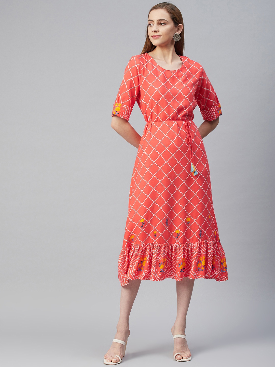 

Rangriti Coral Ethnic A-Line Midi Dress