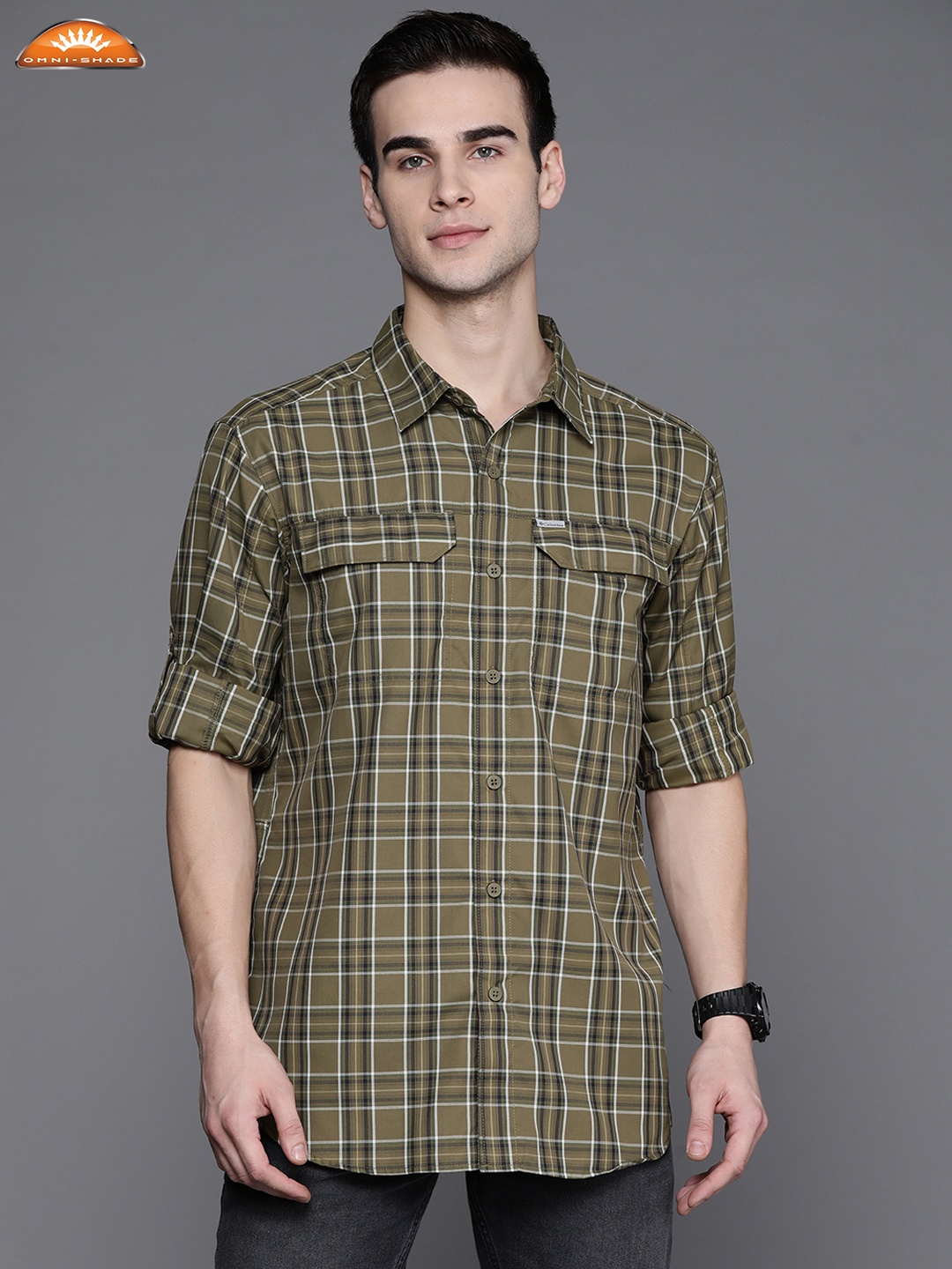 

Columbia Men Olive Green Omni-Shade Checked Casual Shirt