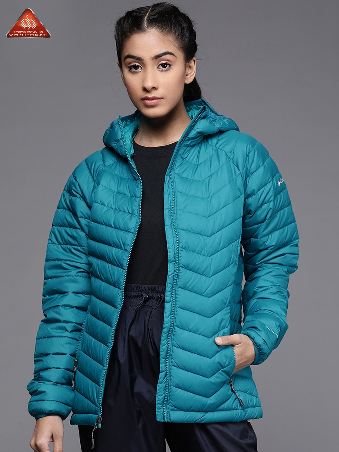 

Columbia Women Blue Powder Lite Hooded Padded Jacket with Omni-Heat