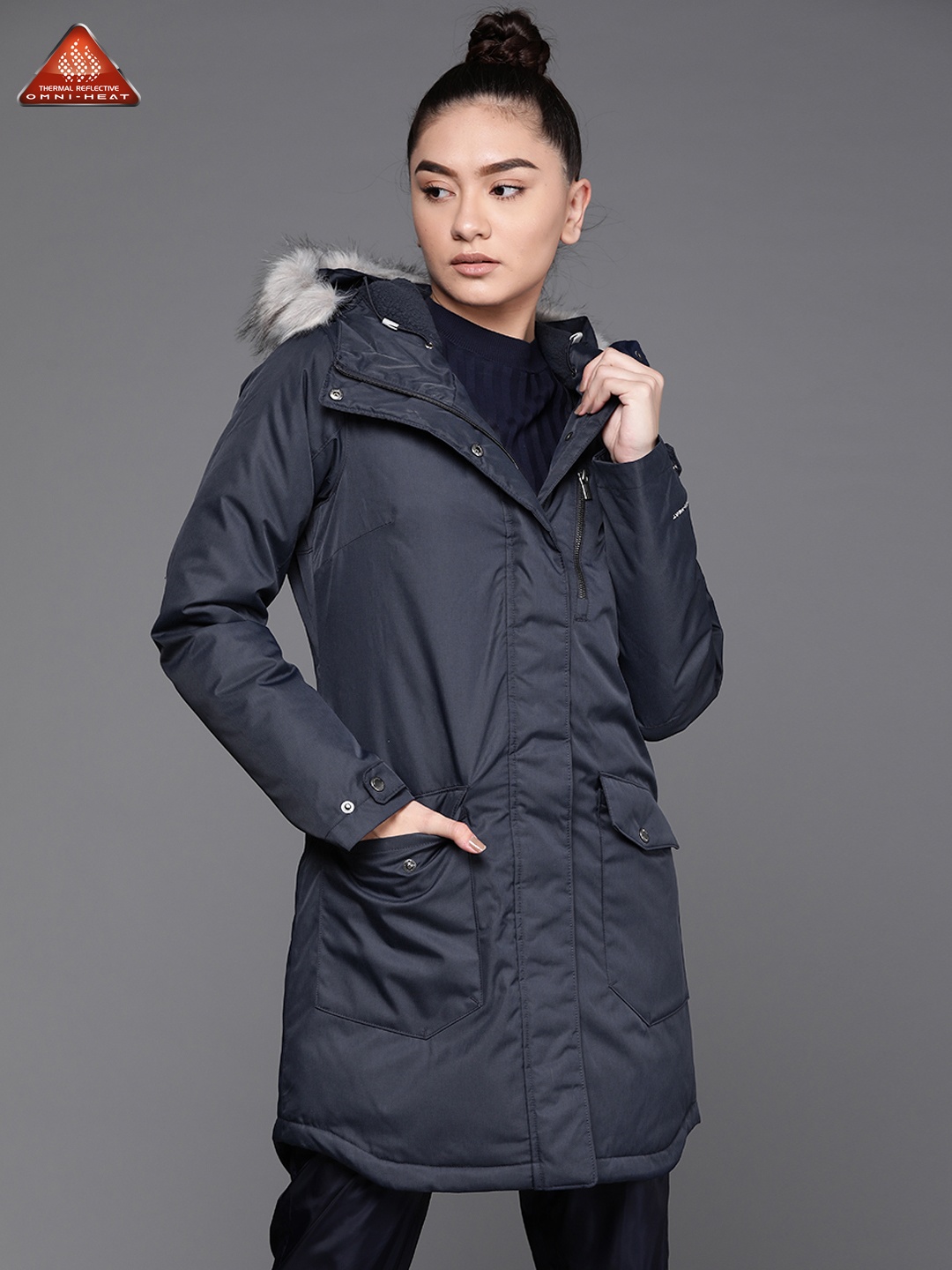 

Columbia Women Navy Blue Suttle Mountain Insulated Longline Parka Jacket with Omni-Heat