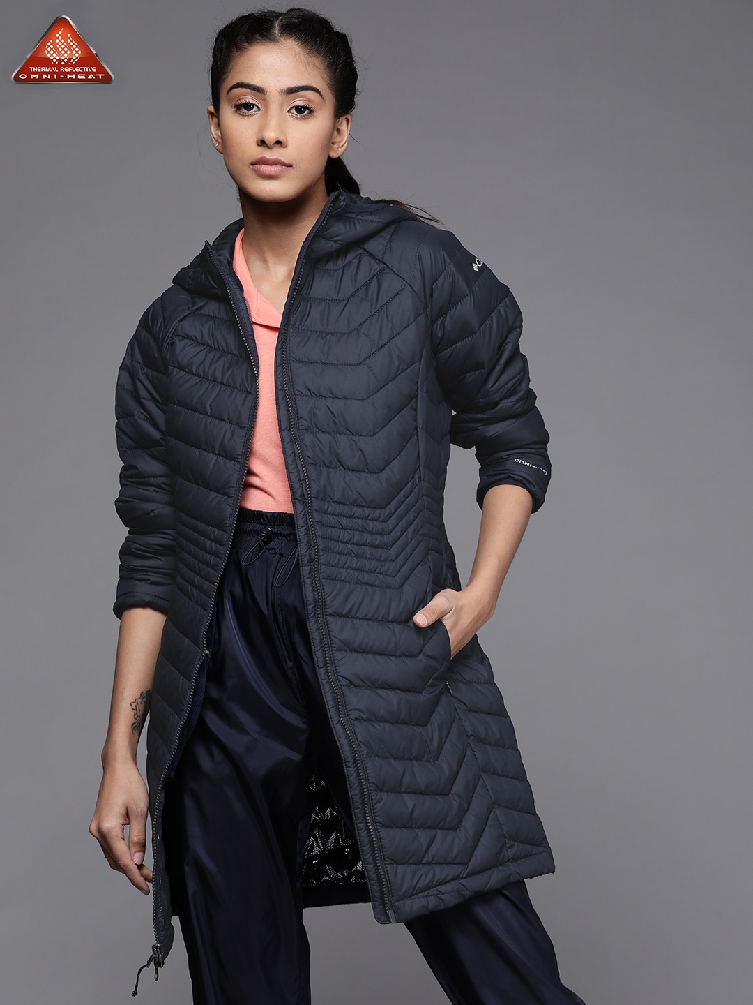 

Columbia Women Navy Blue Padded Longline Water Resistant Jacket with Omni-Heat
