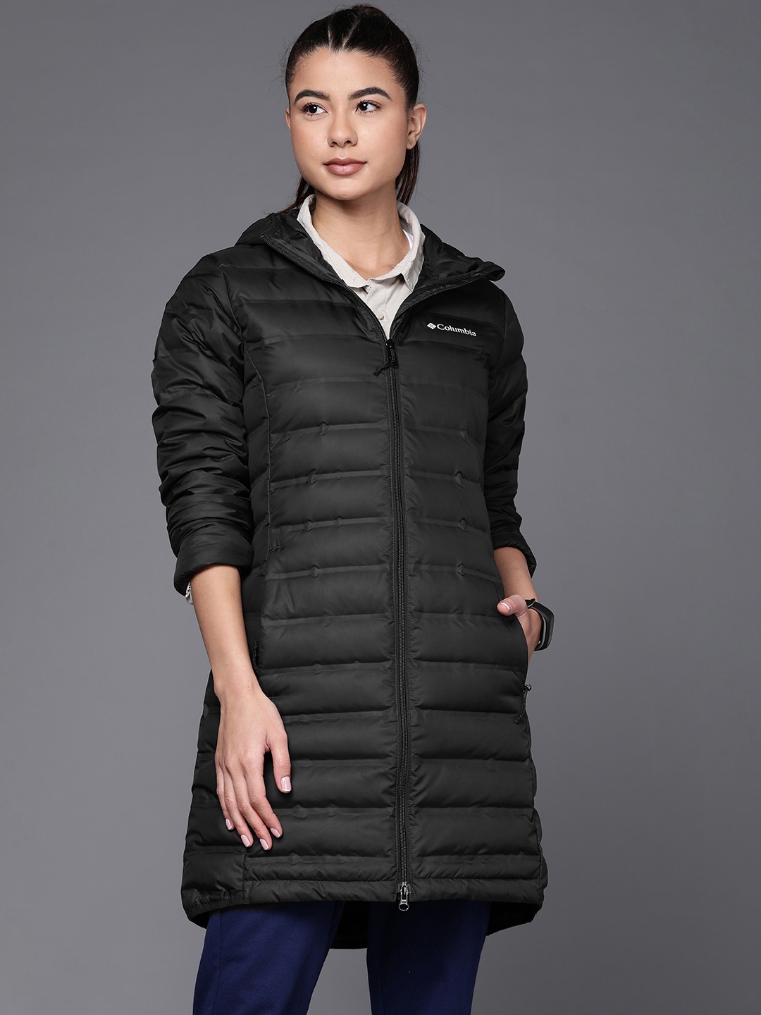 

Columbia Women Black Lake 22 Down Hooded Insulator Longline Hiking Padded Jacket