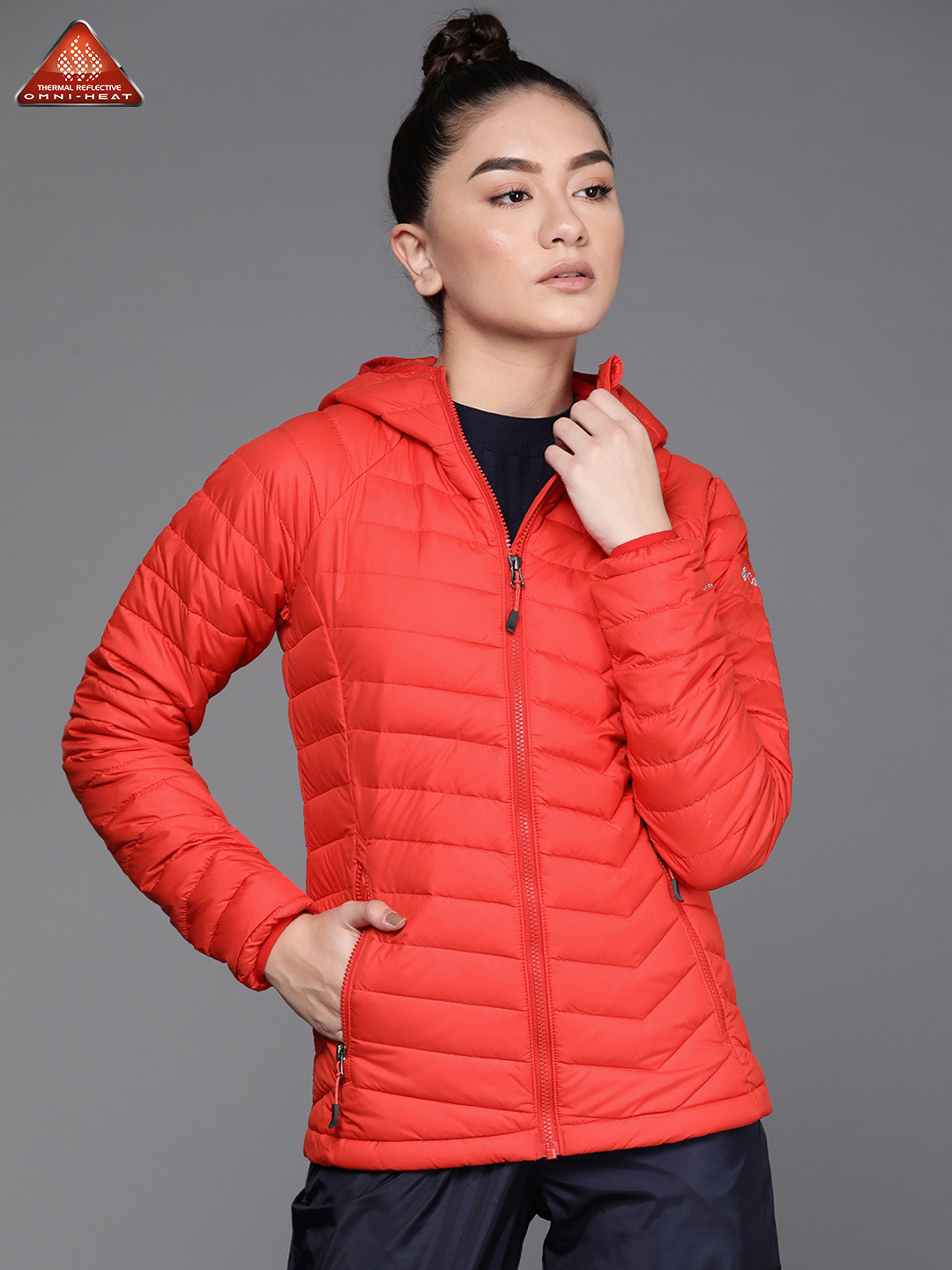 

Columbia Women Red Powder Lite Padded Hooded Water Resistant Hooded Jacket with Omni-Heat