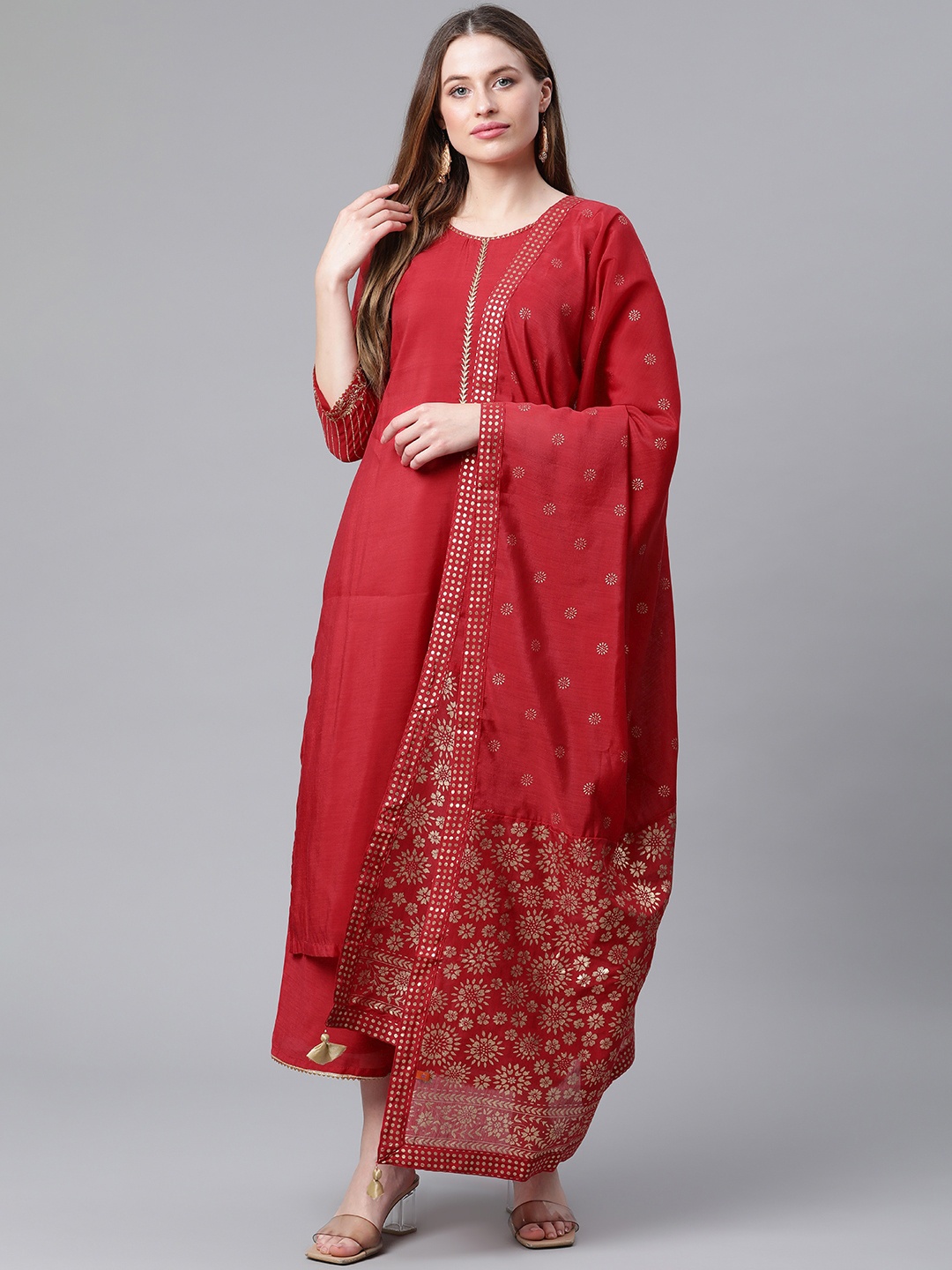 

Rangriti Women Red Floral Kurta with Trousers & Dupatta