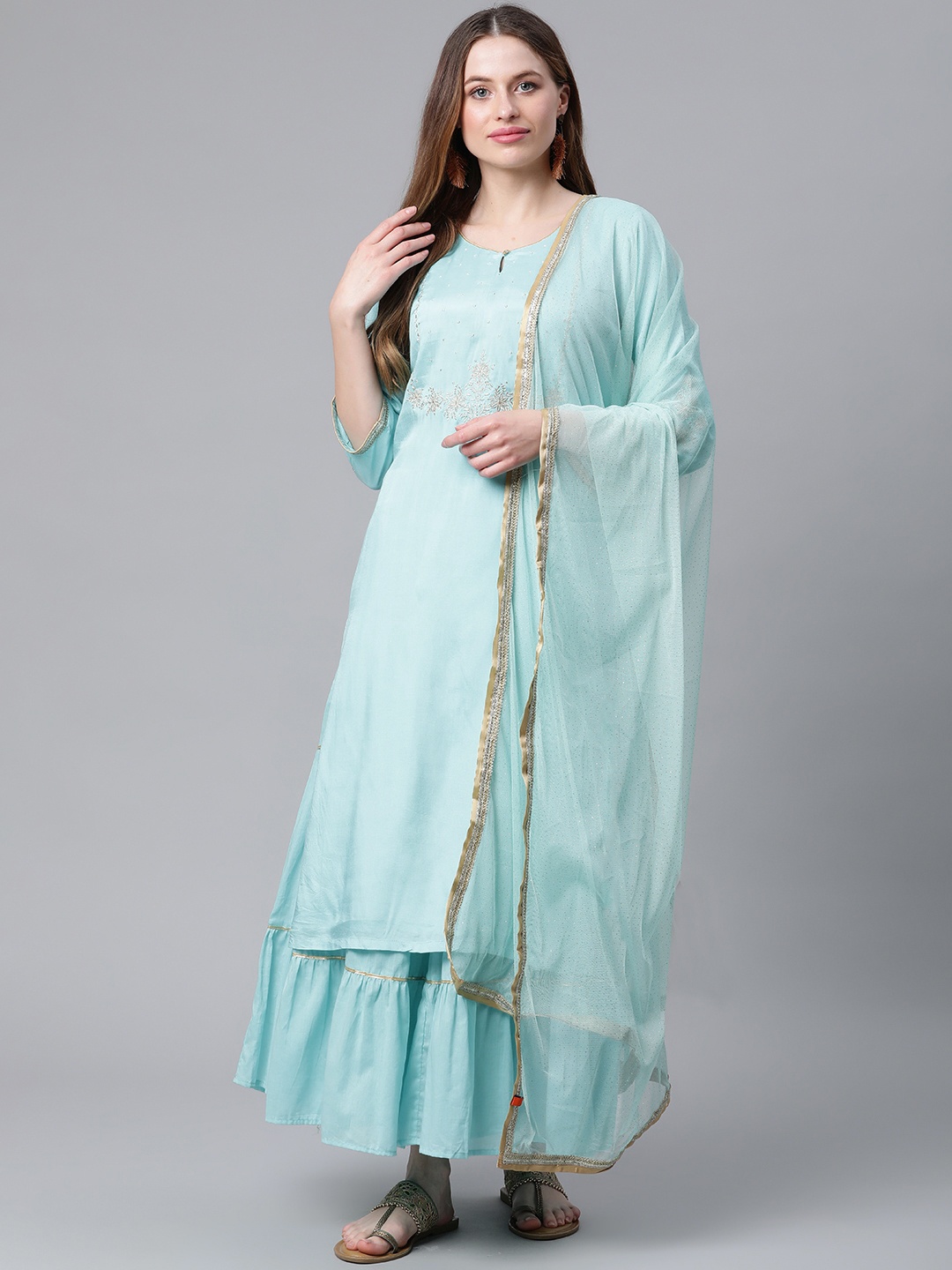 

Rangriti Women Blue Floral Embroidered Kurta with Sharara & With Dupatta