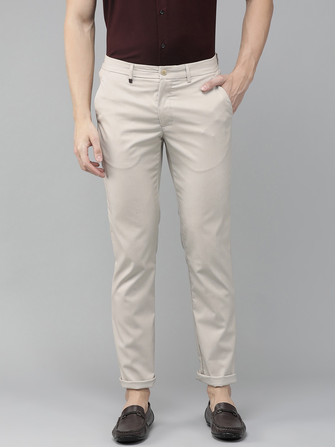 

Van Heusen Men Cream-Coloured Solid Slim Fit Low-Rise Trousers