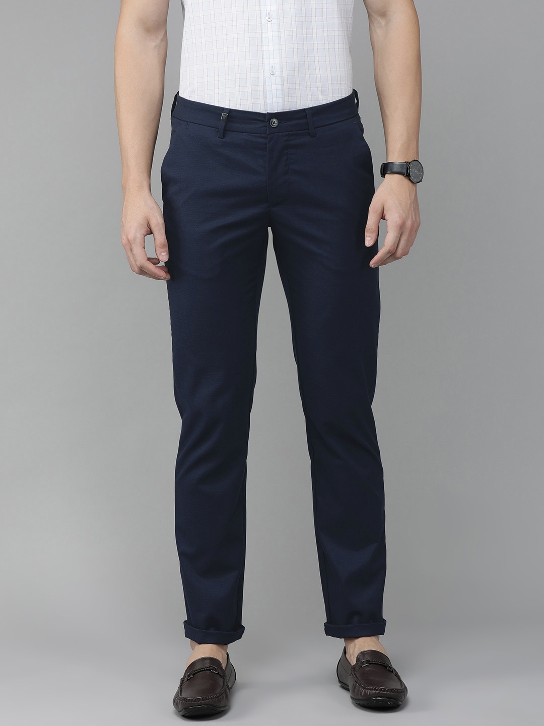 

Van Heusen Men Navy Blue Solid Slim Fit Low-Rise Trousers