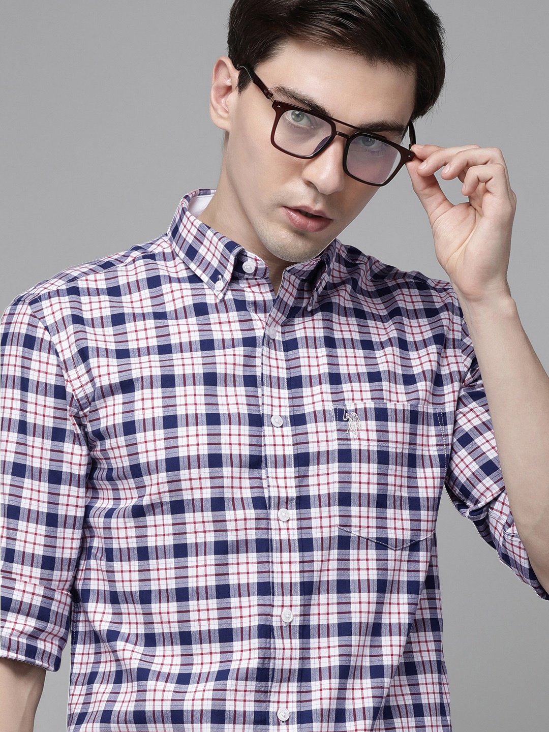

U S Polo Assn Men White Tailored Fit Checked Casual Shirt