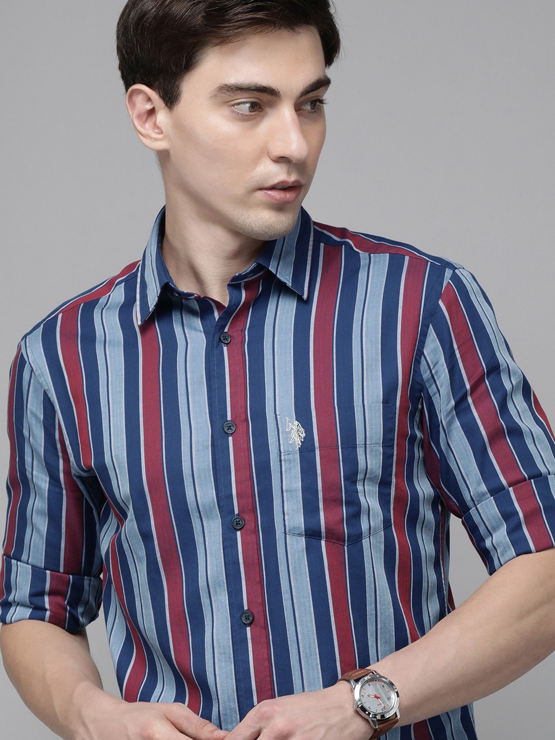 

U S Polo Assn Men Blue Tailored Fit Multi Stripes Casual Shirt