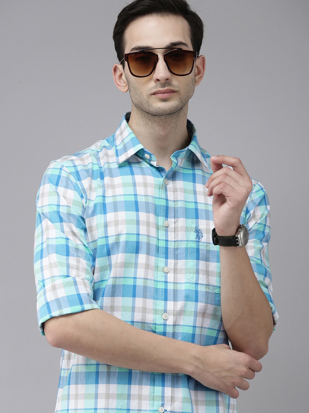

U S Polo Assn Men Green Tailored Fit Tartan Checks Checked Casual Shirt