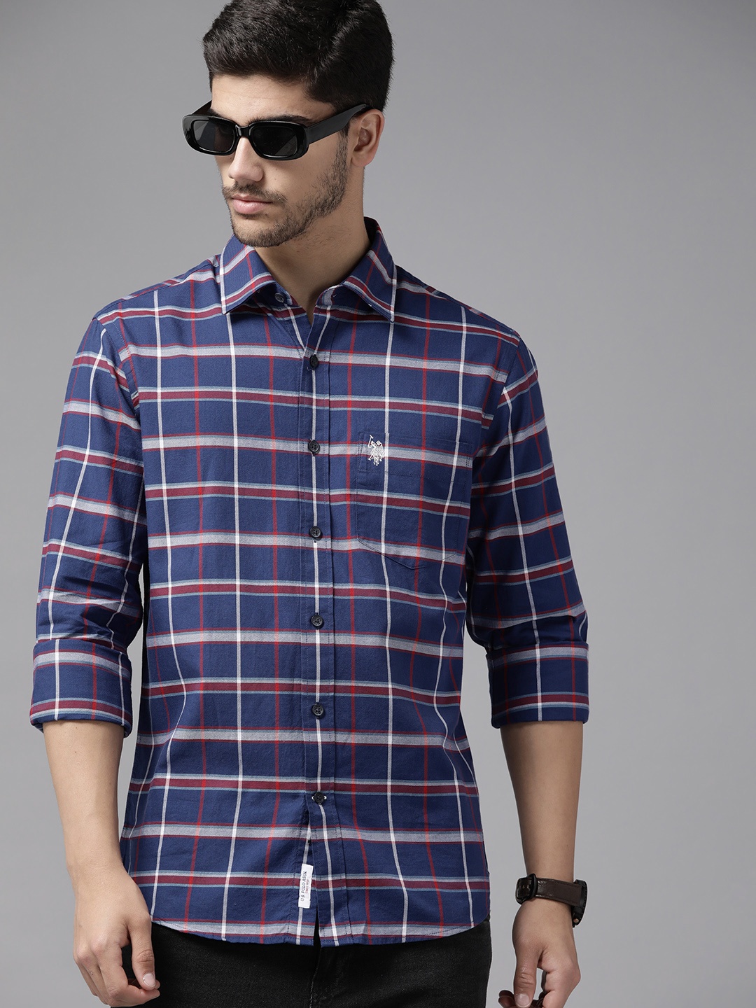 

U S Polo Assn Tailored Fit Tartan Checked Pure Cotton Opaque Casual Shirt, Navy blue