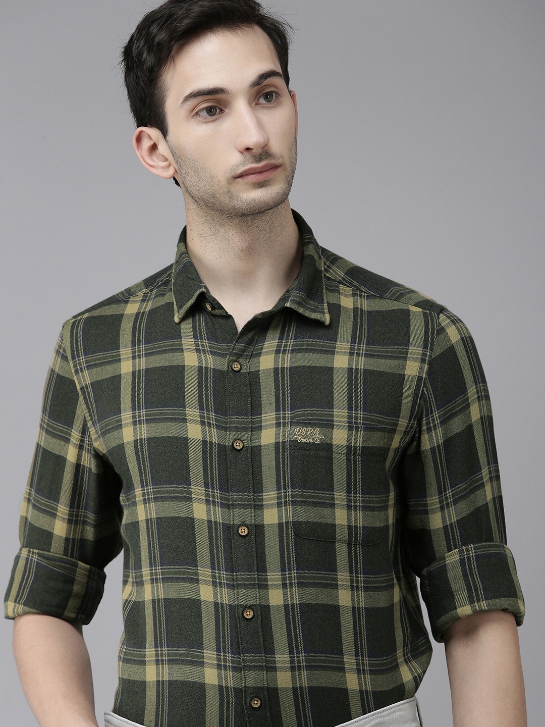 

U S Polo Assn Denim Co Men Olive Green Tartan Checks Casual Shirt