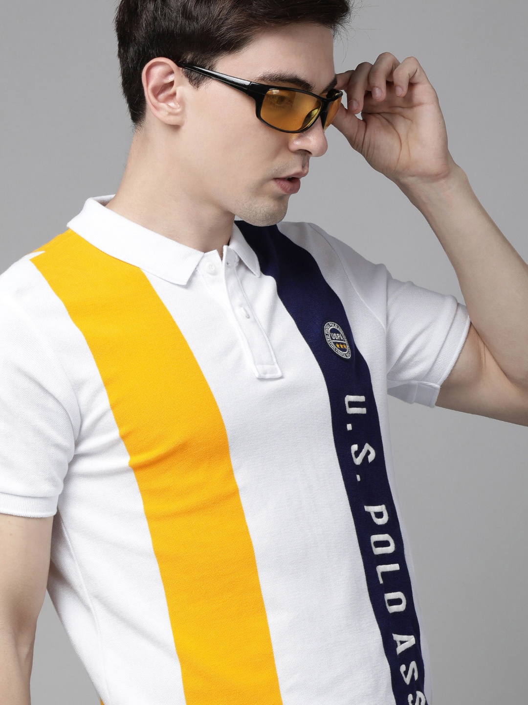 

U S Polo Assn Men White & Navy Blue Striped Slim Fit Polo Collar T-shirt with Logo Print