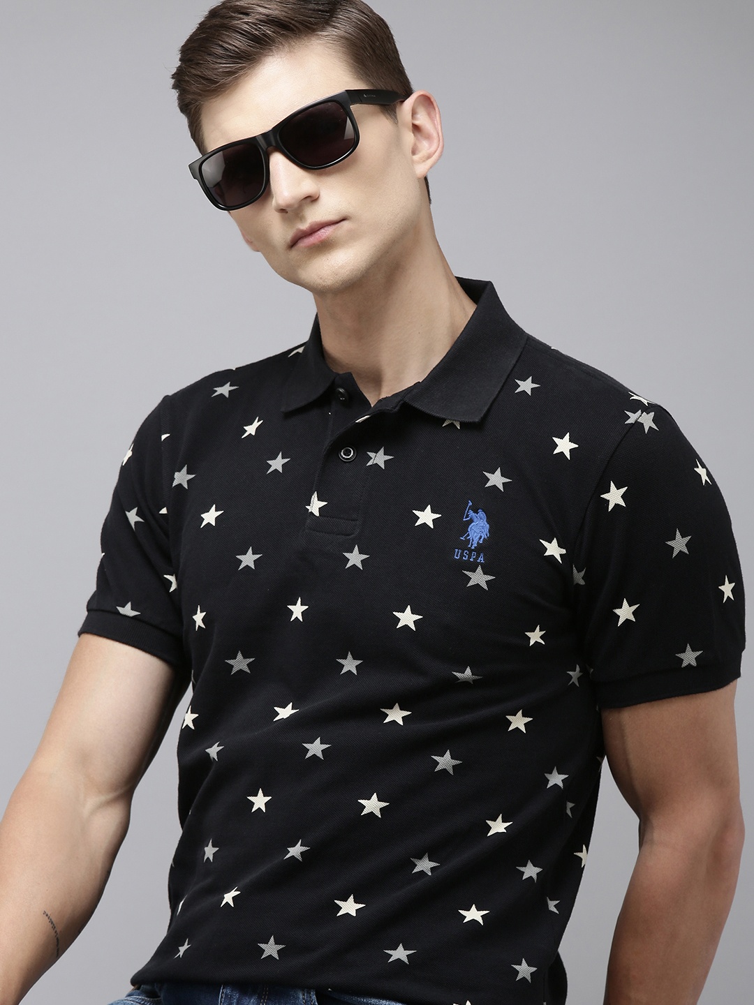 

U.S. Polo Assn. Men Printed Slim Fit Pure Cotton Polo Collar T-shirt, Black