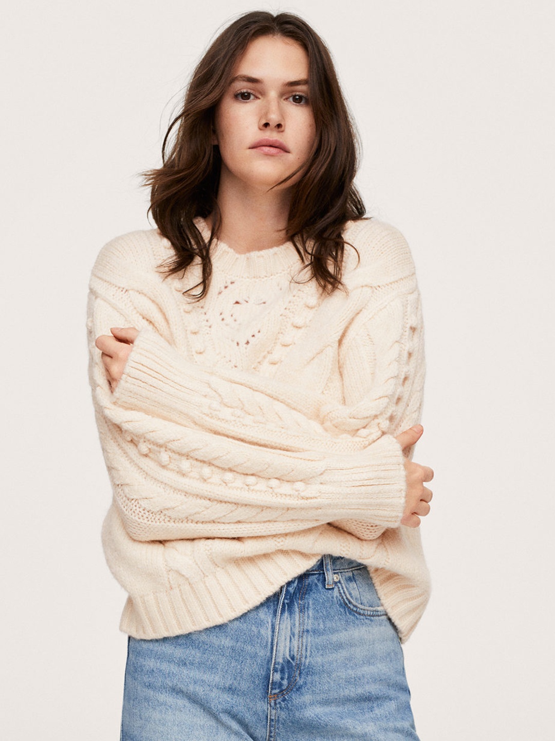 

MANGO Women Off White Cable Knit Pullover