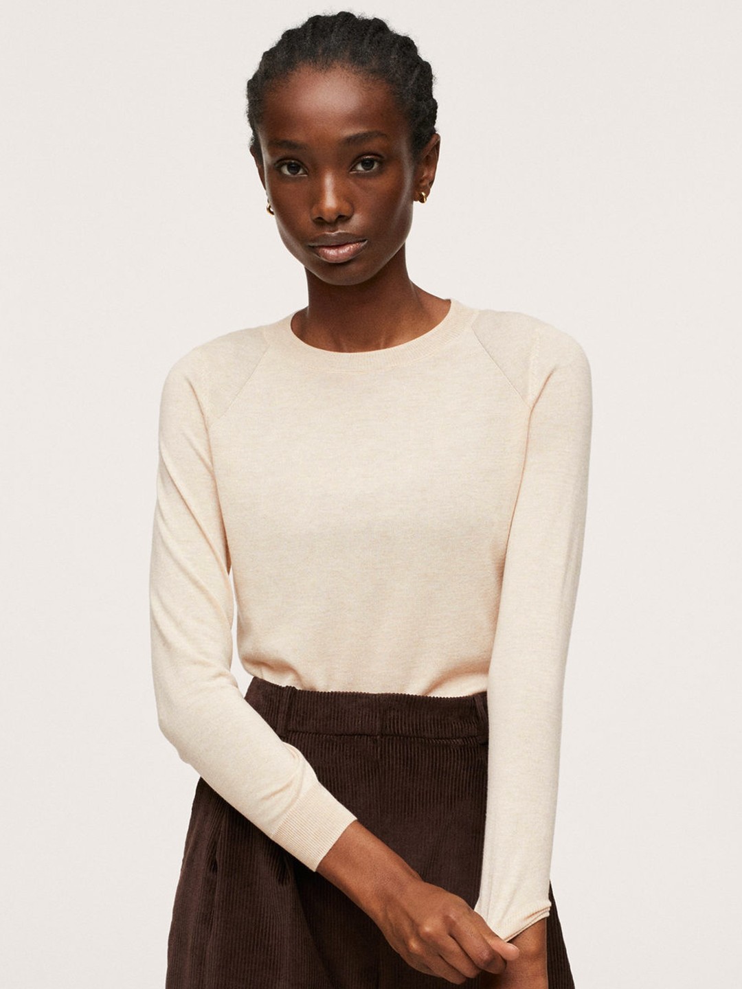 

MANGO Women Cream-Coloured Solid Round Neck Pullover Sweater