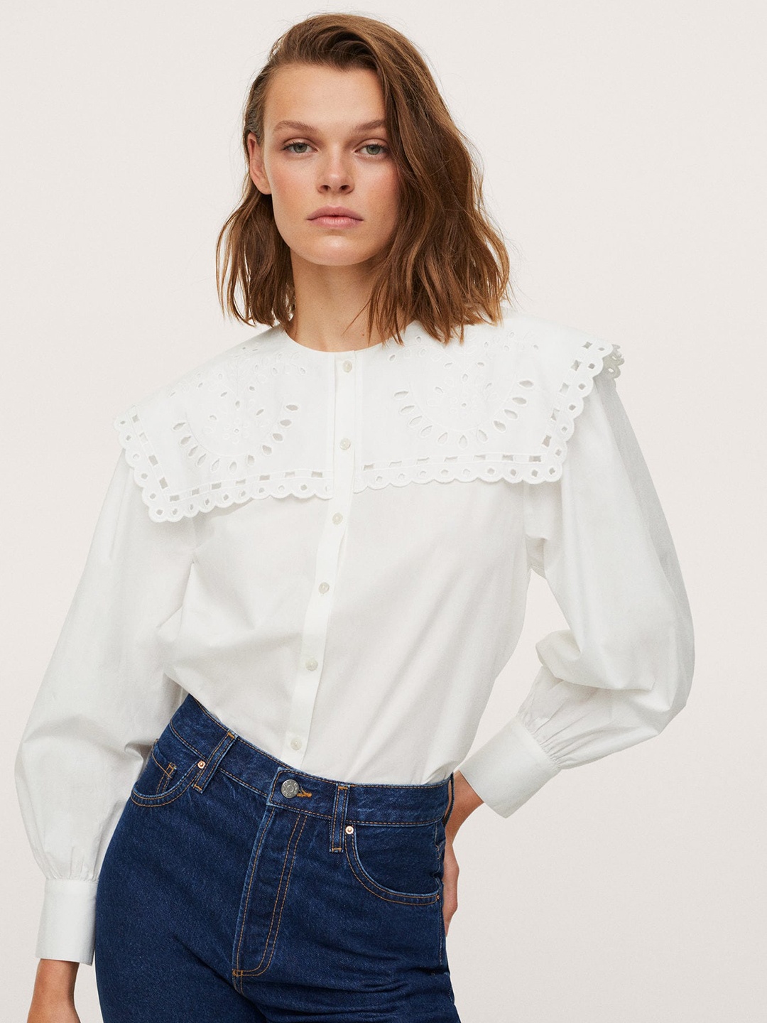 

MANGO Women White Pure Cotton Opaque Casual Schiffli Shirt