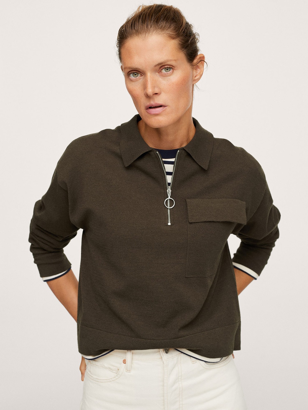 

MANGO Women Olive Green Solid Pullover