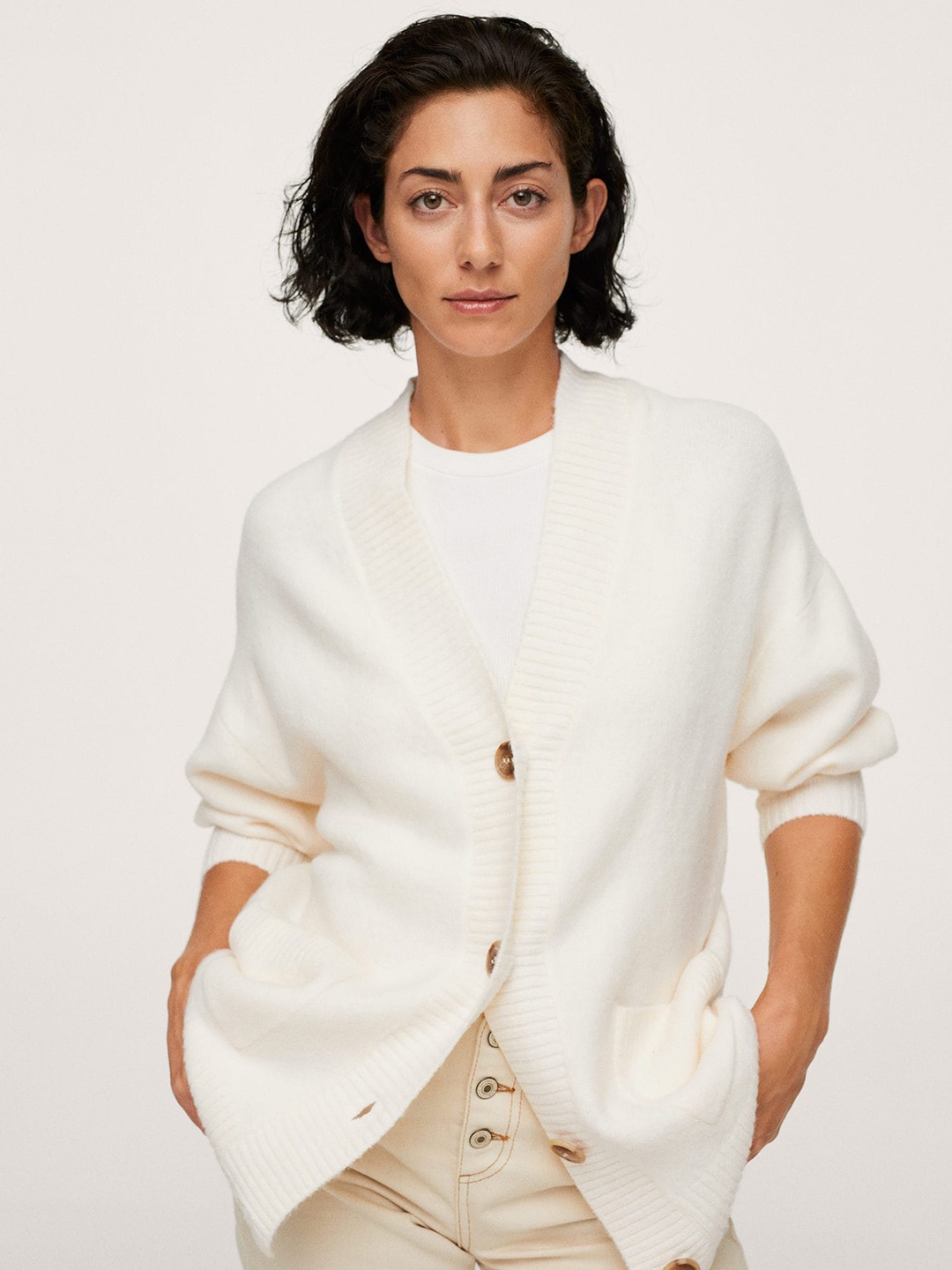 

MANGO Women Off-White Solid Cardigan