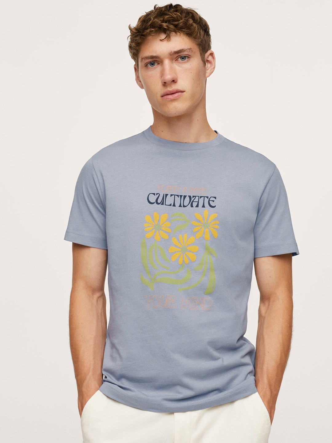 

MANGO MAN Grey & Orange Floral Printed Pure Cotton T-shirt
