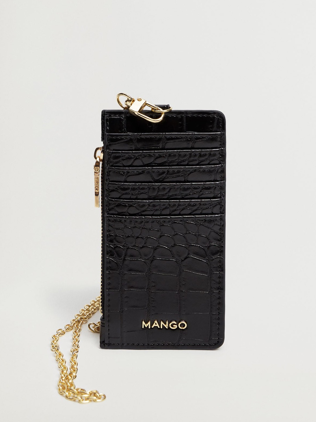 

MANGO Women Black Croc Textured Card Holder with Detachable Sling Strap