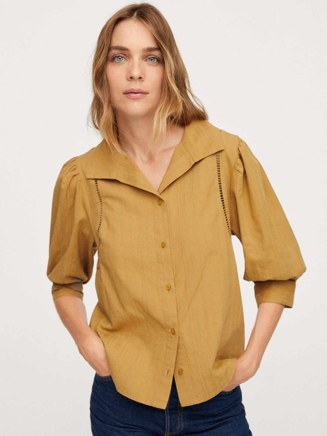 

MANGO Women Mustard Yellow Solid Pure Cotton Casual Shirt