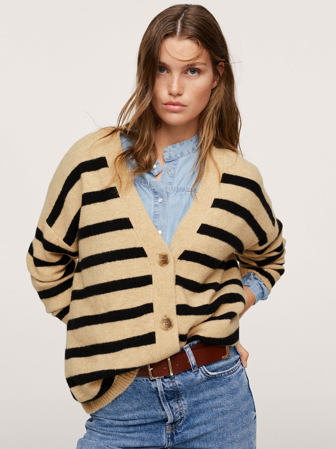 

MANGO Women Beige & Black Striped Cardigan